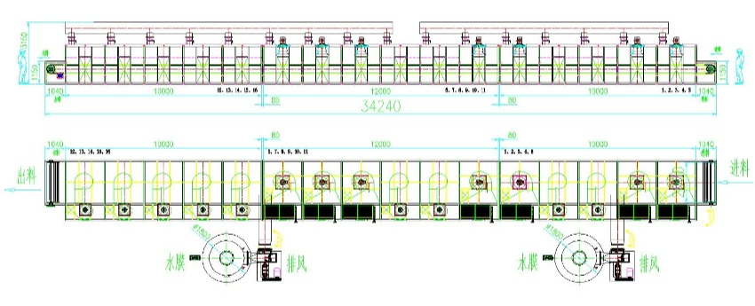 Plan and elevation drawing of a single-pass mesh belt dryer with multiple circulation zones