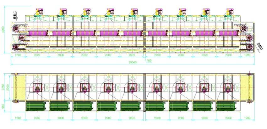 Multi-pass belt dryer drawing with stacked conveyor levels and air circulation units