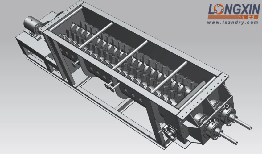 Cutaway of a KJG paddle dryer showing two paddle shafts in a horizontal trough