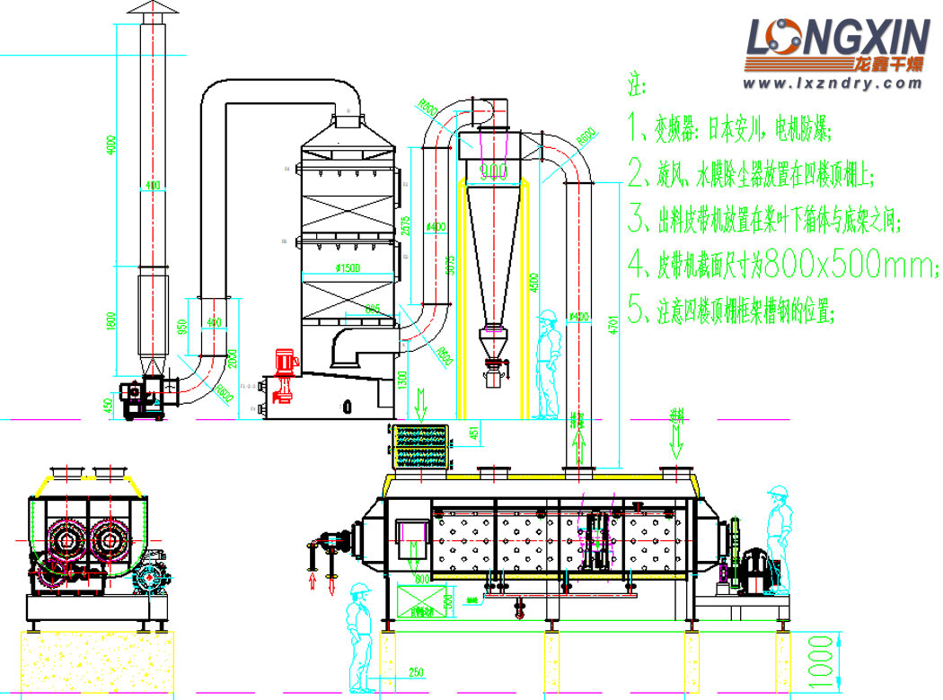 Paddle dryer installation drawing with cyclone, wet scrubber and exhaust fan