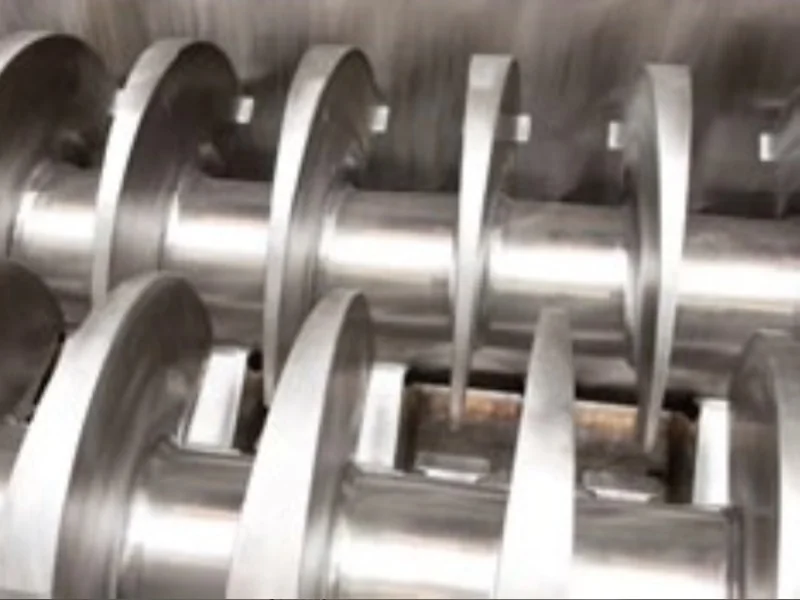 Close-up of paddle profiles and shaft surfaces inside a paddle dryer