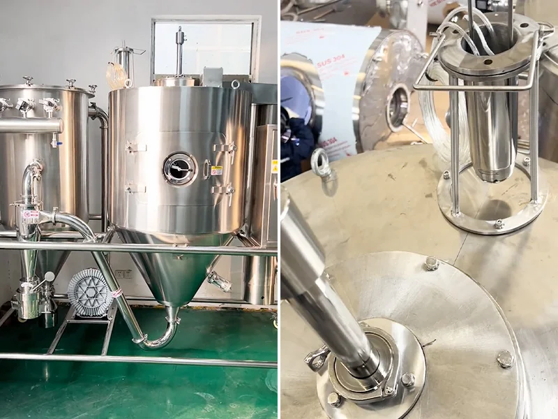 Laboratory spray dryer alongside a close-up of its removable atomization assembly