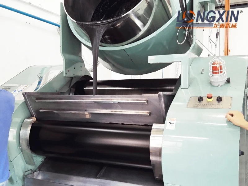 Viscous paste flowing from a tilted feed vessel onto a Longxin three-roll mill