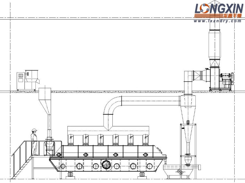 Installation drawing showing the vibrating fluid bed dryer, ductwork and exhaust stack